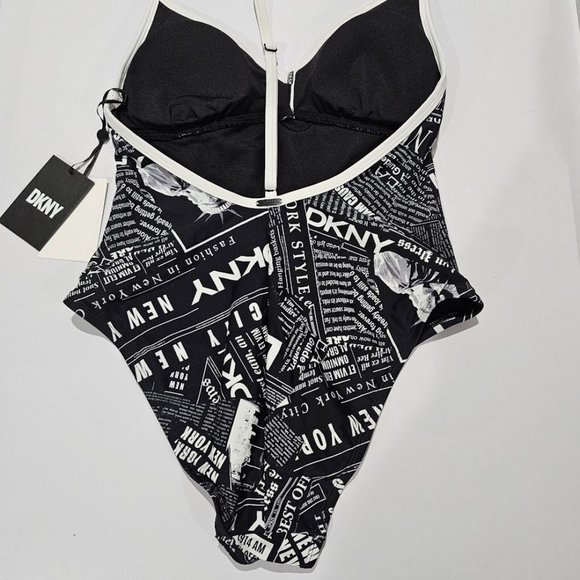 DKNY Graphic T-Back One-Piece Swimsuit Newsprint - Picture 7 of 10